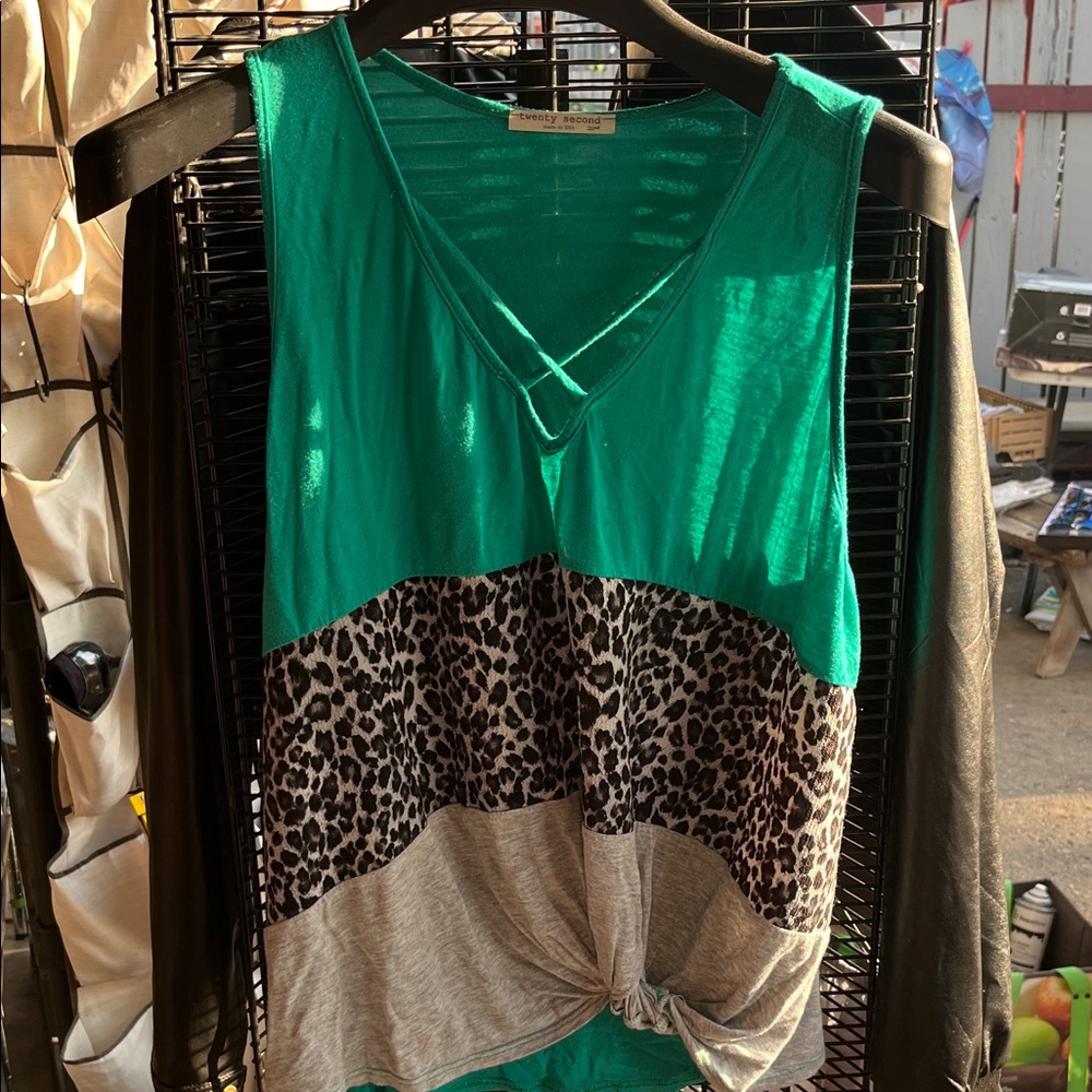 twenty second Teal and Leopard Print Knot Front Tank Top